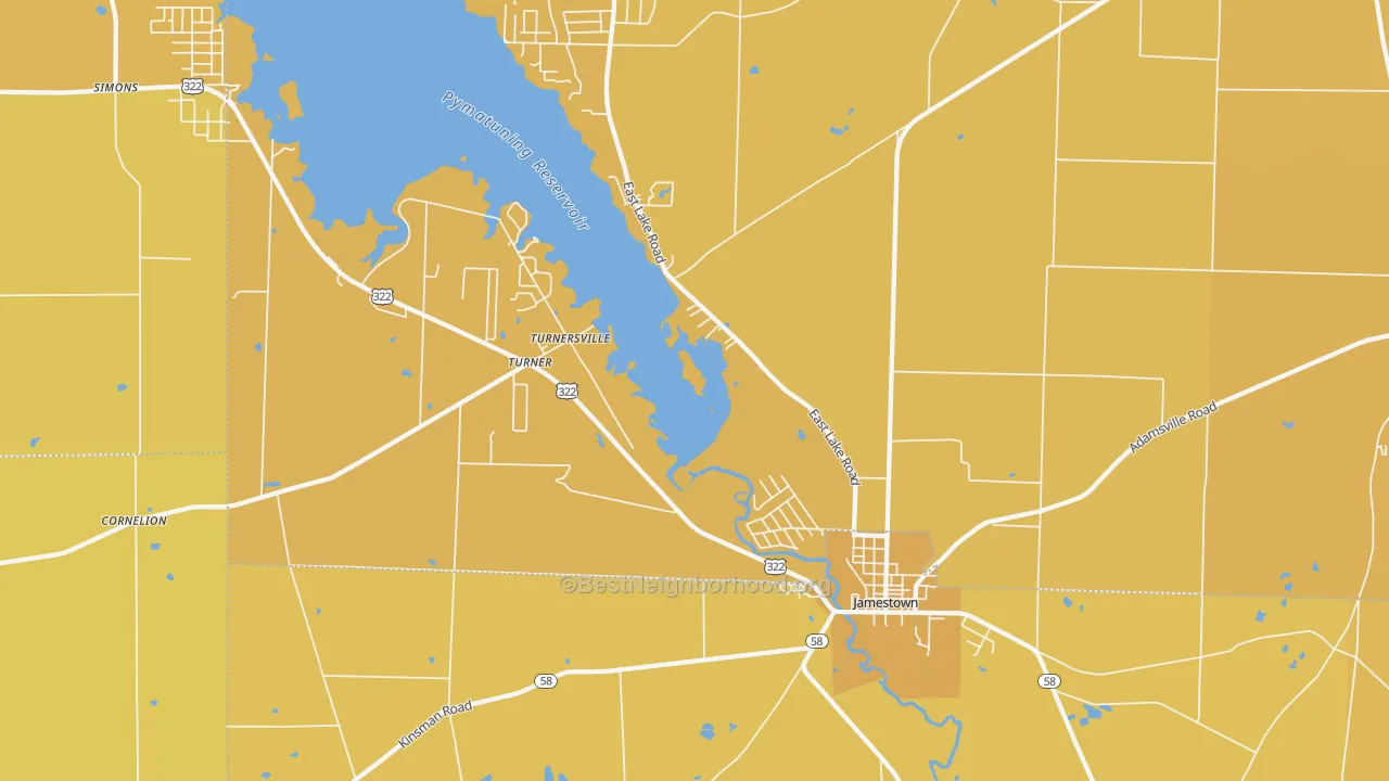Map of the best neighborhoods in the 16134 area, with better matches in green and worse matches in red