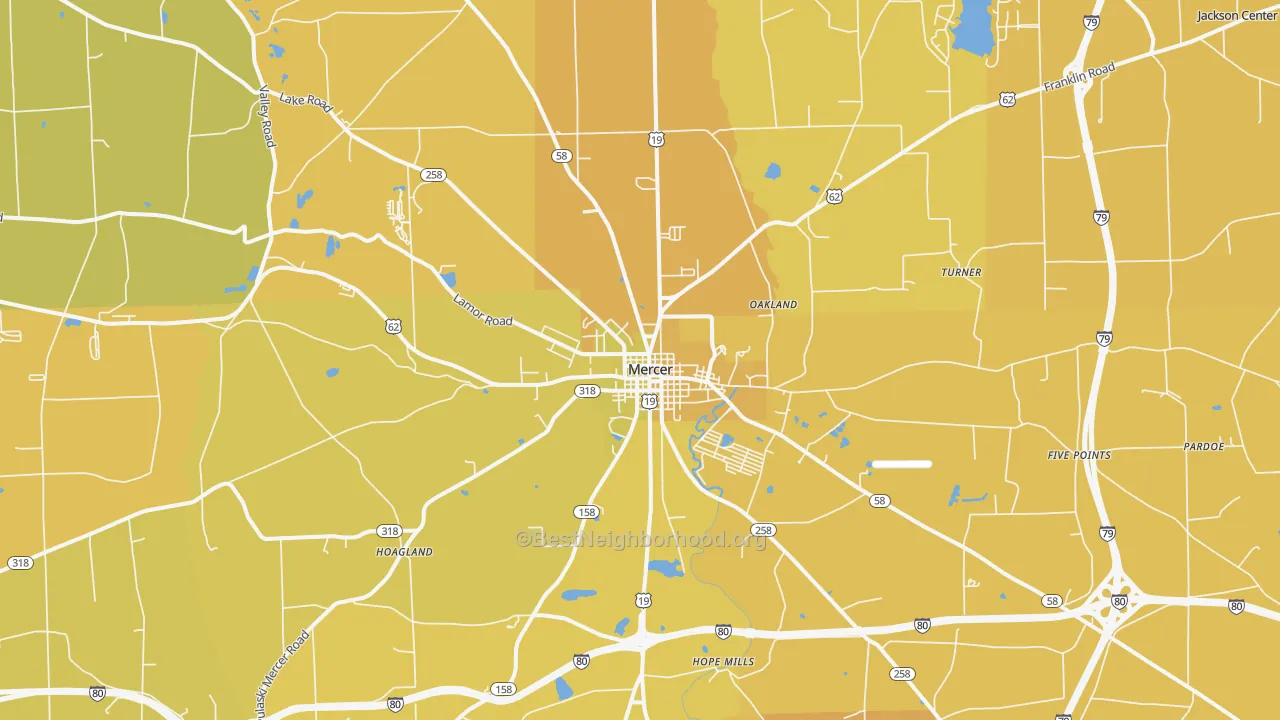 Map of the best neighborhoods in the 16137 area, with better matches in green and worse matches in red