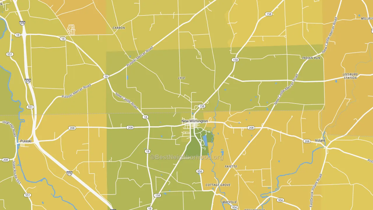 Map of the best neighborhoods in the 16142 area, with better matches in green and worse matches in red