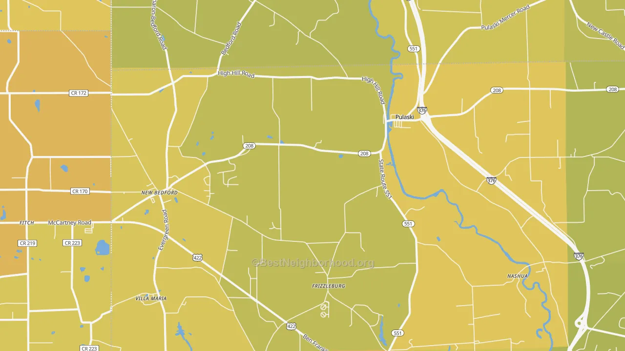 Map of the best neighborhoods in the 16143 area, with better matches in green and worse matches in red