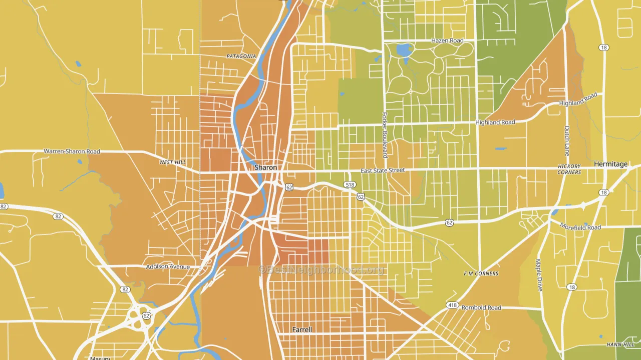 Map of the best neighborhoods in the 16146 area, with better matches in green and worse matches in red