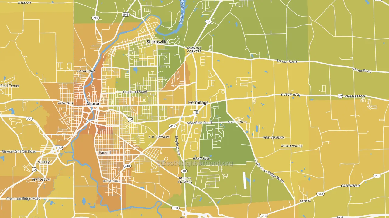Map of the best neighborhoods in the 16148 area, with better matches in green and worse matches in red
