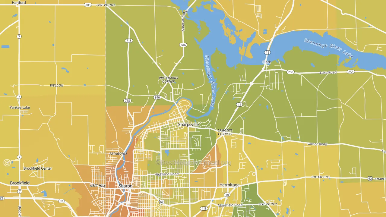 Map of the best neighborhoods in the 16150 area, with better matches in green and worse matches in red