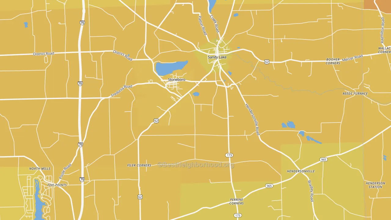 Map of the best neighborhoods in the 16153 area, with better matches in green and worse matches in red