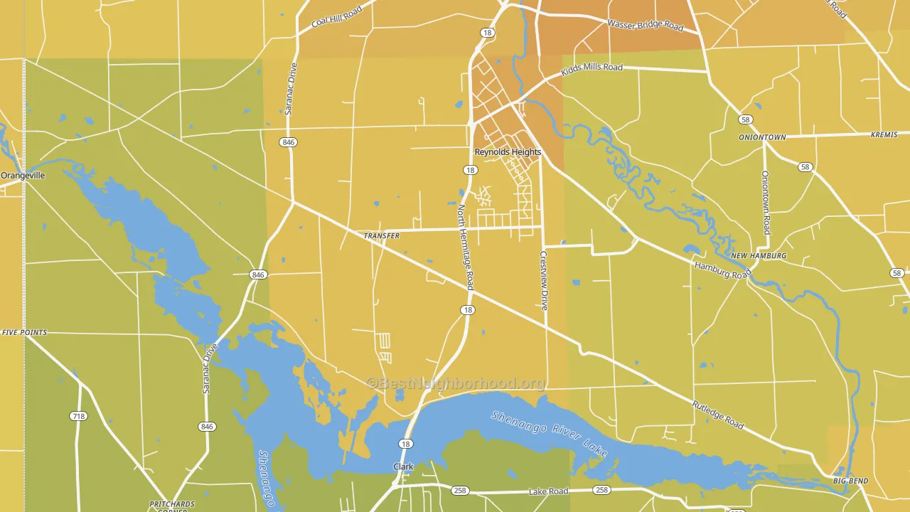 Map of the best neighborhoods in the 16154 area, with better matches in green and worse matches in red
