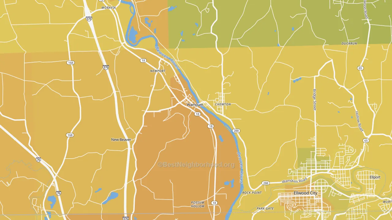 Map of the best neighborhoods in the 16157 area, with better matches in green and worse matches in red