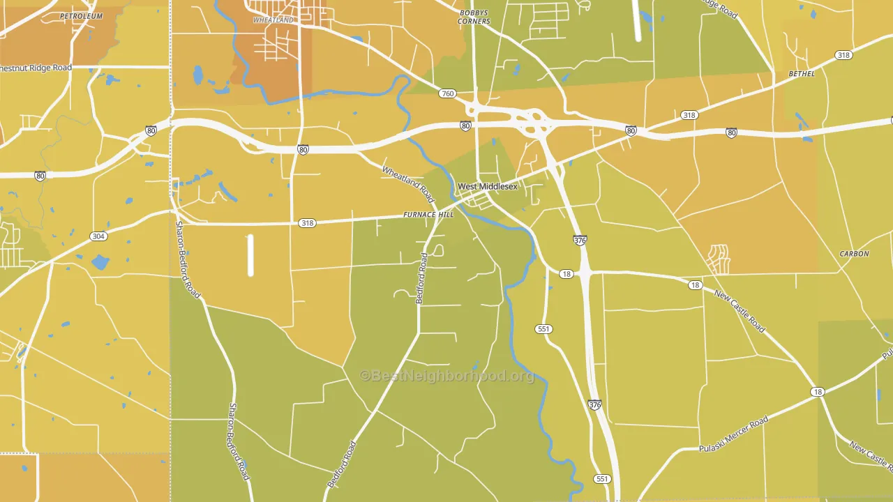 Map of the best neighborhoods in the 16159 area, with better matches in green and worse matches in red