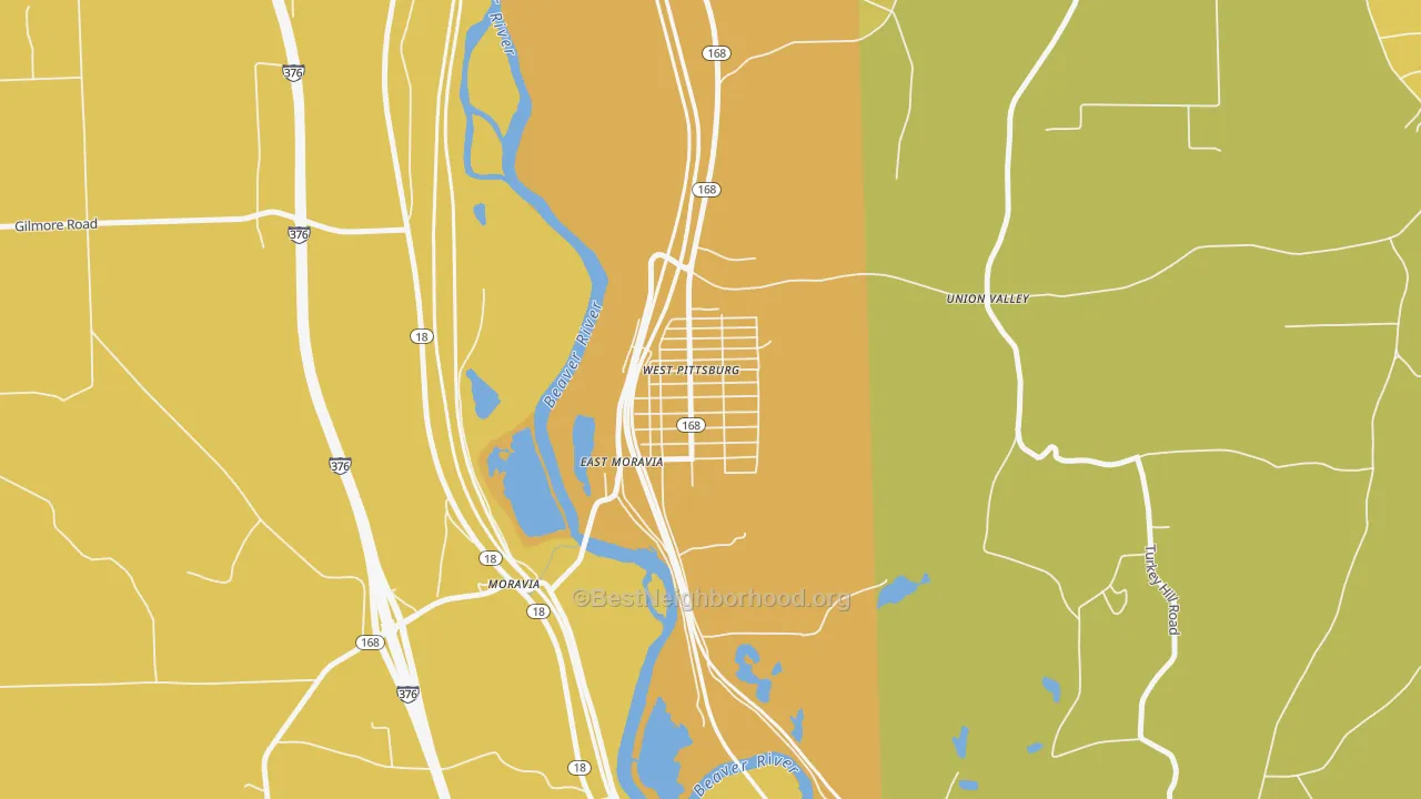 Map of the best neighborhoods in the 16160 area, with better matches in green and worse matches in red
