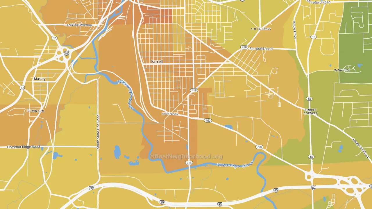 Map of the best neighborhoods in the 16161 area, with better matches in green and worse matches in red