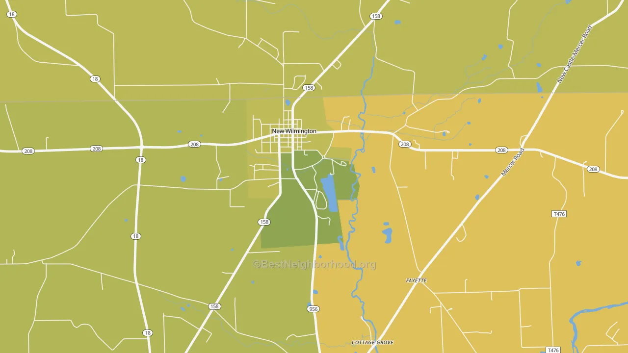 Map of the best neighborhoods in the 16172 area, with better matches in green and worse matches in red