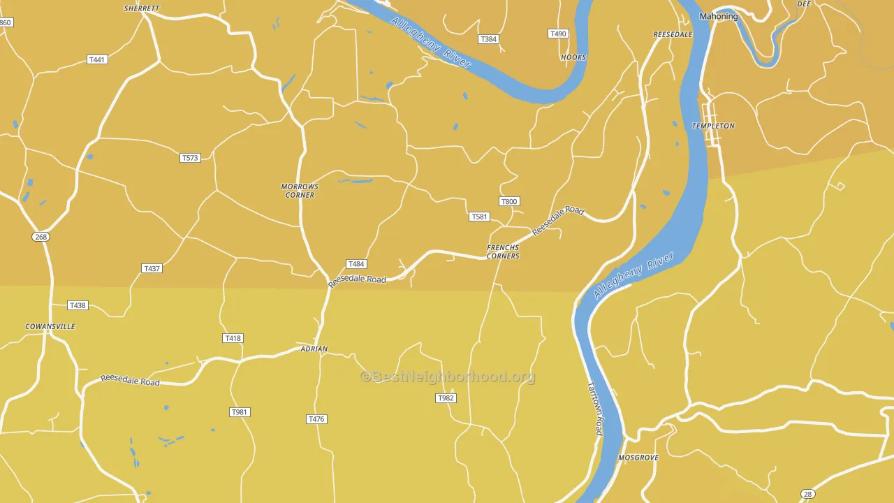 Map of the best neighborhoods in the 16210 area, with better matches in green and worse matches in red