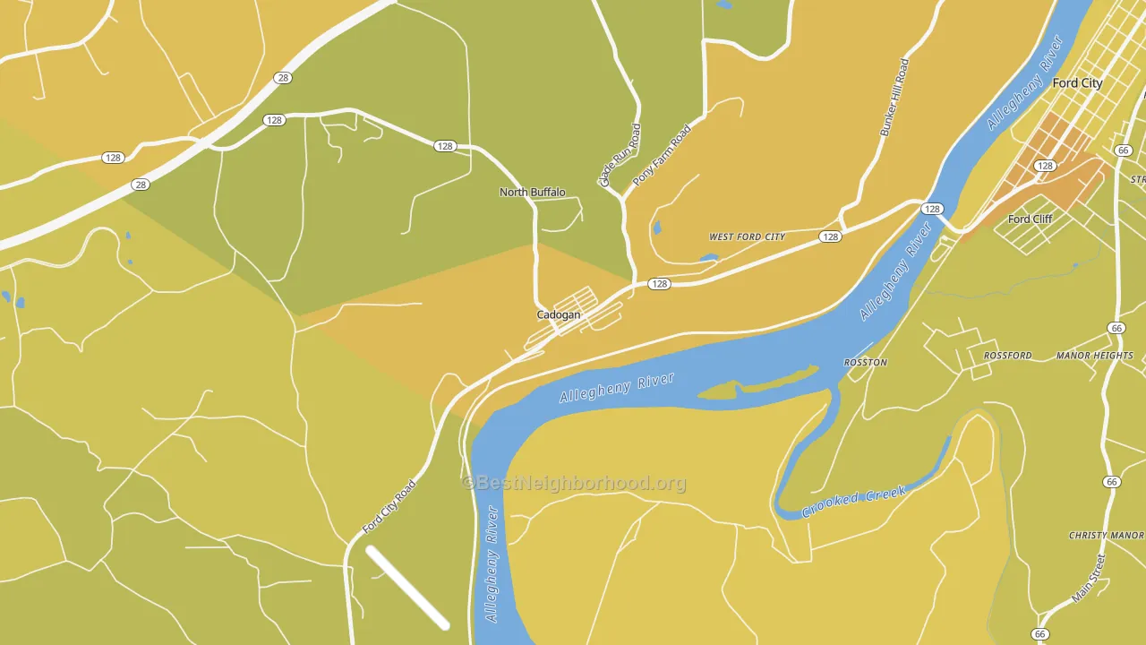 Map of the best neighborhoods in the 16212 area, with better matches in green and worse matches in red