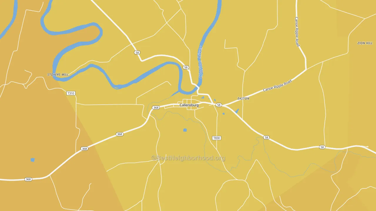 Map of the best neighborhoods in the 16213 area, with better matches in green and worse matches in red