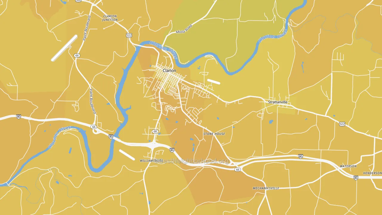 Map of the best neighborhoods in the 16214 area, with better matches in green and worse matches in red