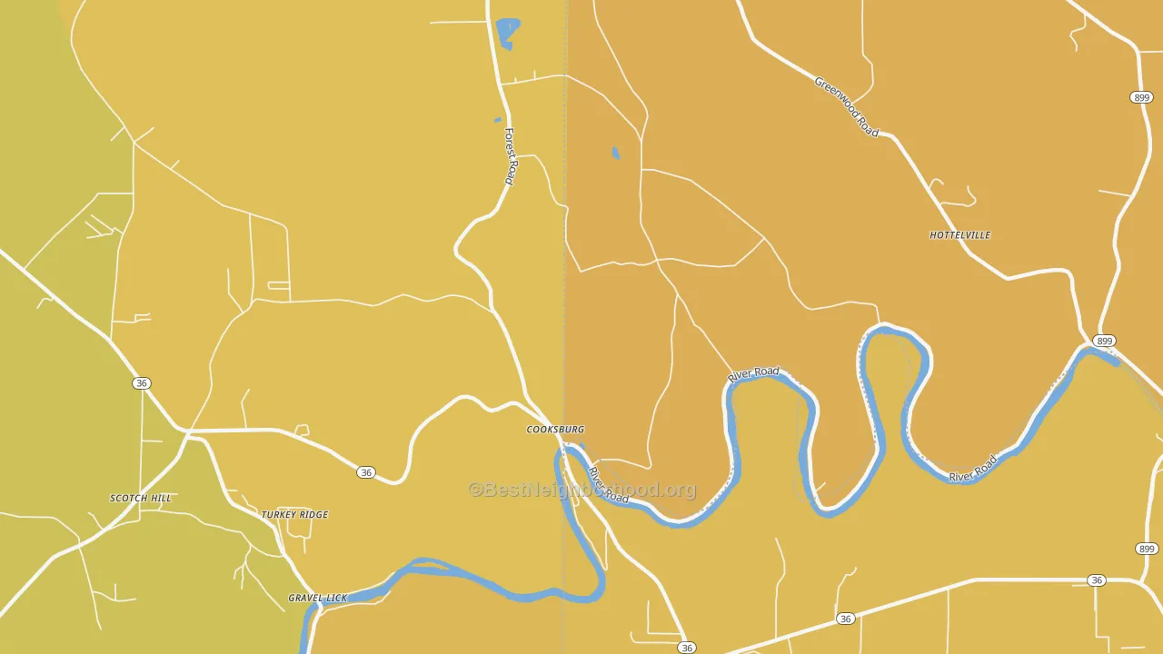 Map of the best neighborhoods in the 16217 area, with better matches in green and worse matches in red