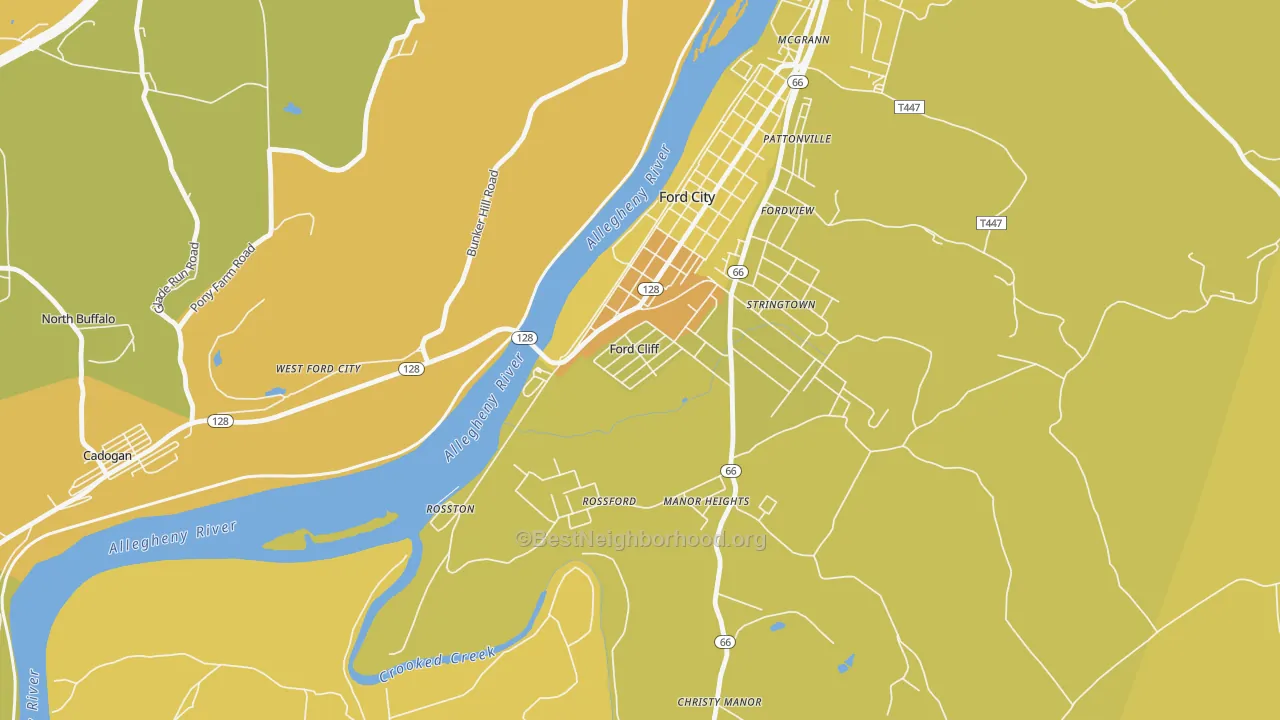 Map of the best neighborhoods in the 16228 area, with better matches in green and worse matches in red