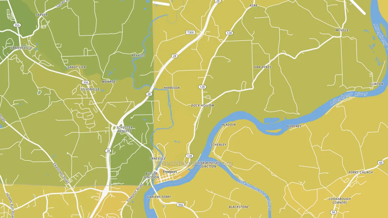 Map of the best neighborhoods in the 16229 area, with better matches in green and worse matches in red