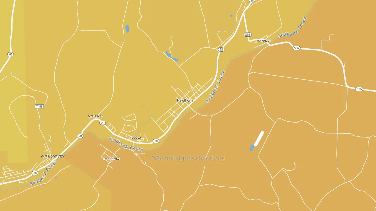 Map of the best neighborhoods in the 16230 area, with better matches in green and worse matches in red