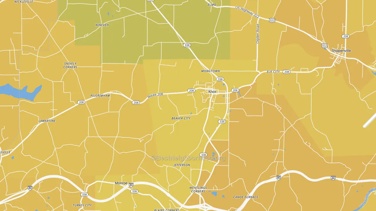 Map of the best neighborhoods in the 16232 area, with better matches in green and worse matches in red