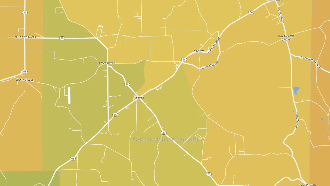 Map of the best neighborhoods in the 16233 area, with better matches in green and worse matches in red