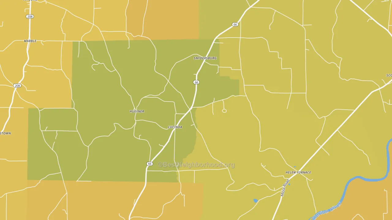 Map of the best neighborhoods in the 16235 area, with better matches in green and worse matches in red