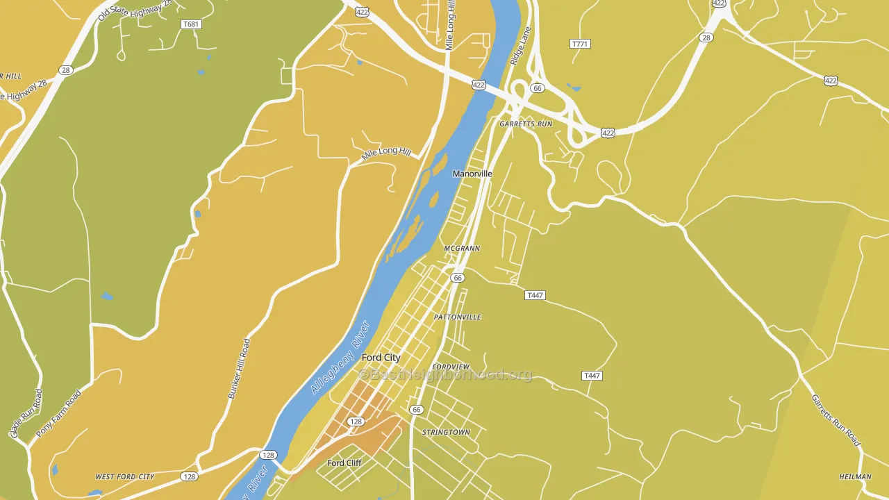 Map of the best neighborhoods in the 16236 area, with better matches in green and worse matches in red