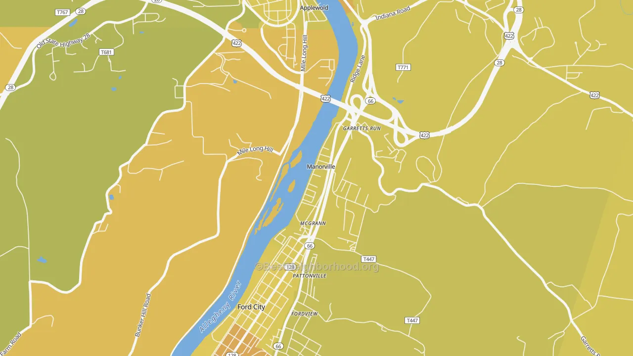 Map of the best neighborhoods in the 16238 area, with better matches in green and worse matches in red