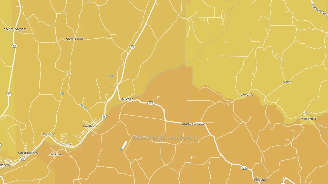 Map of the best neighborhoods in the 16240 area, with better matches in green and worse matches in red