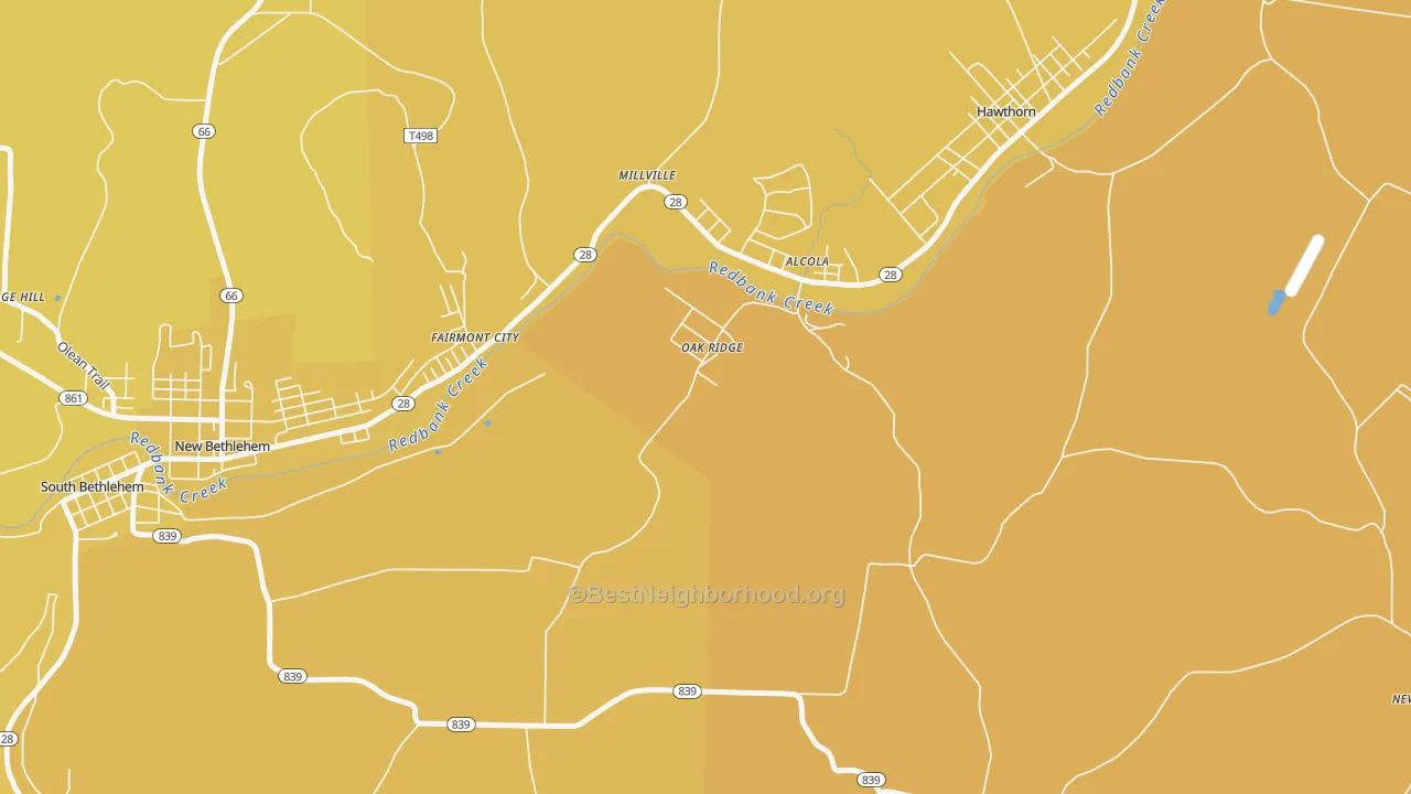 Map of the best neighborhoods in the 16245 area, with better matches in green and worse matches in red