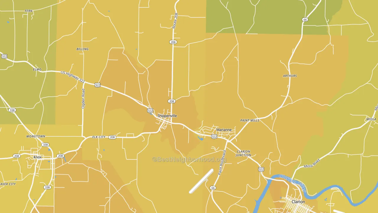 Map of the best neighborhoods in the 16254 area, with better matches in green and worse matches in red