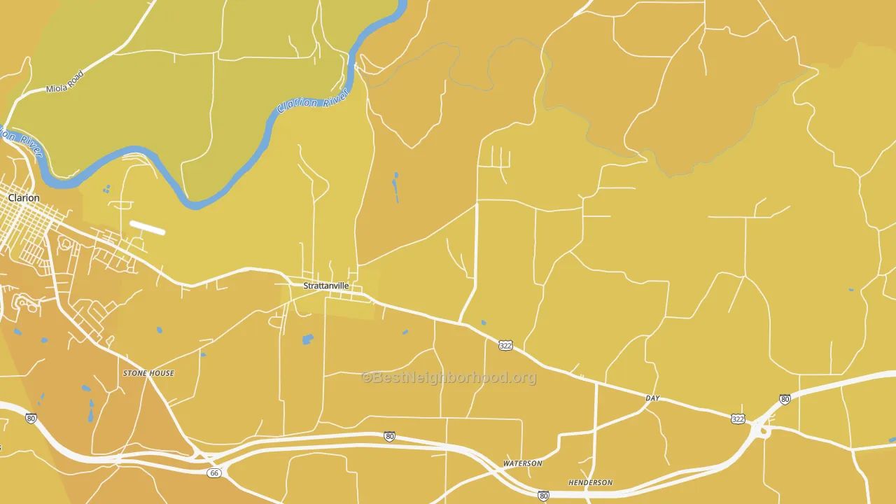 Map of the best neighborhoods in the 16258 area, with better matches in green and worse matches in red