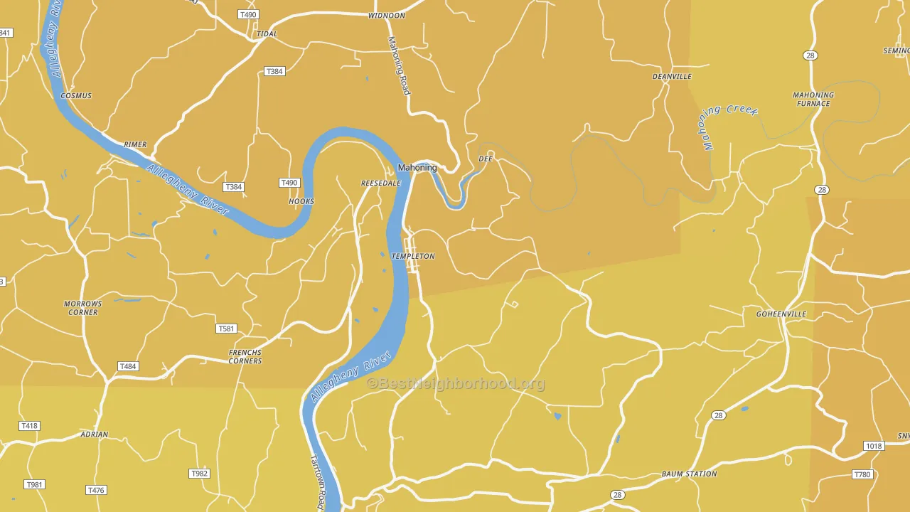 Map of the best neighborhoods in the 16259 area, with better matches in green and worse matches in red
