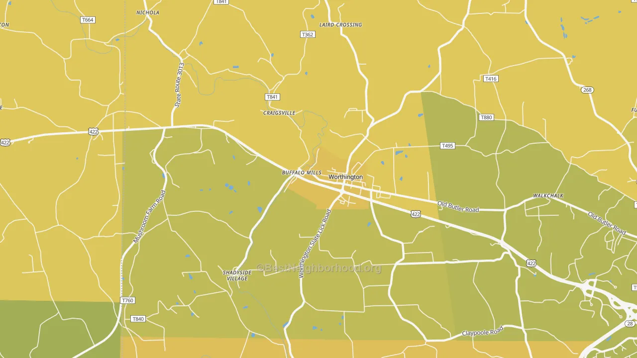 Map of the best neighborhoods in the 16262 area, with better matches in green and worse matches in red