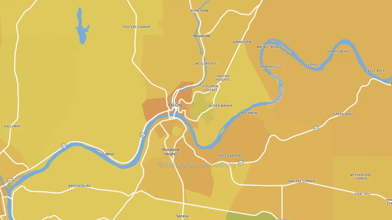Map of the best neighborhoods in the 16301 area, with better matches in green and worse matches in red
