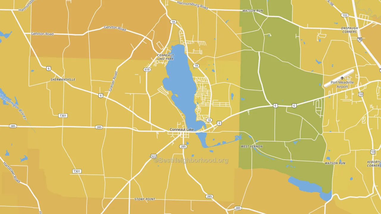 Map of the best neighborhoods in the 16316 area, with better matches in green and worse matches in red