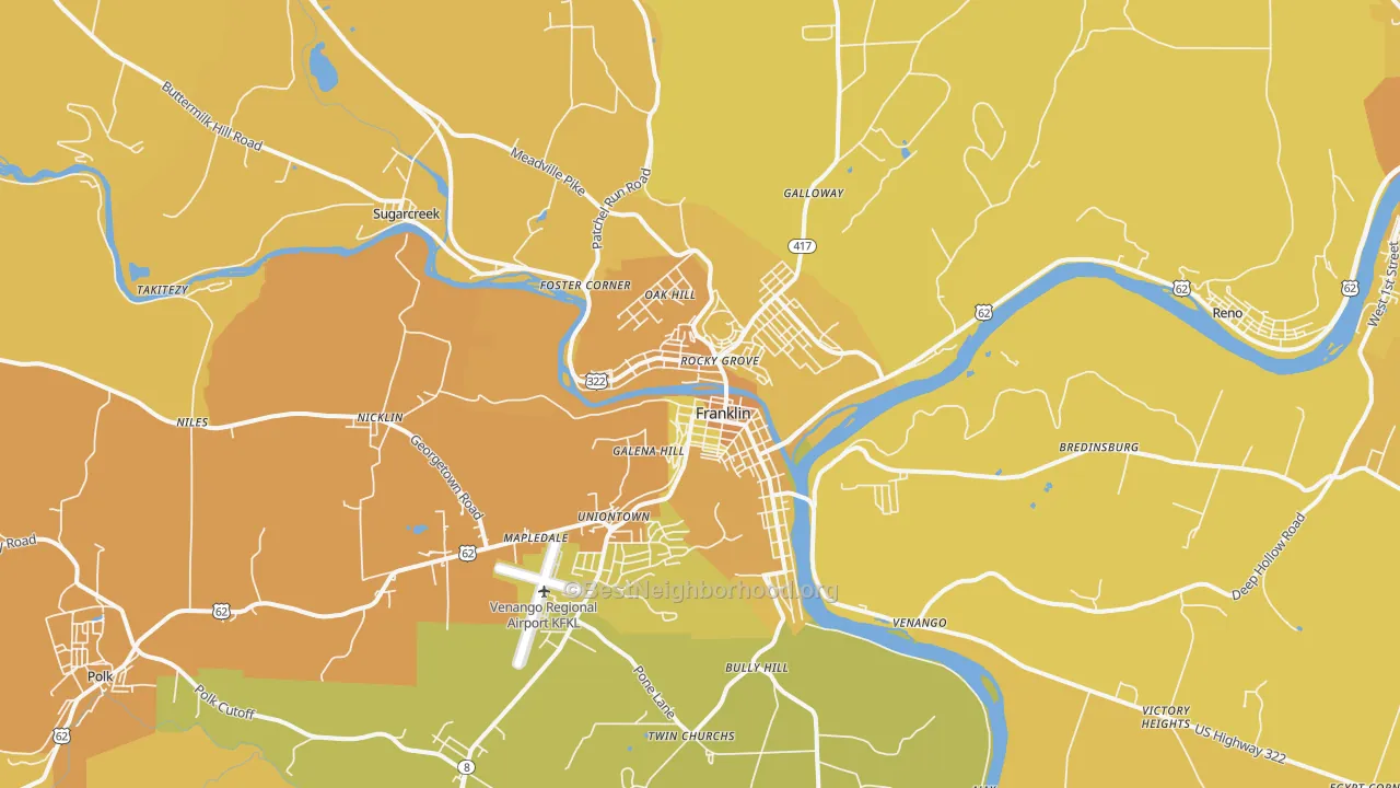 Map of the best neighborhoods in the 16323 area, with better matches in green and worse matches in red
