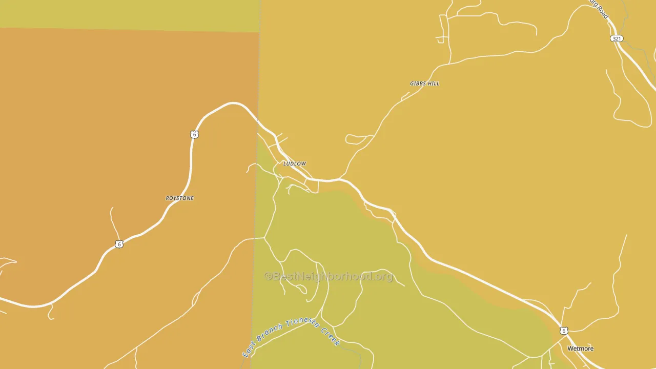 Map of the best neighborhoods in the 16333 area, with better matches in green and worse matches in red