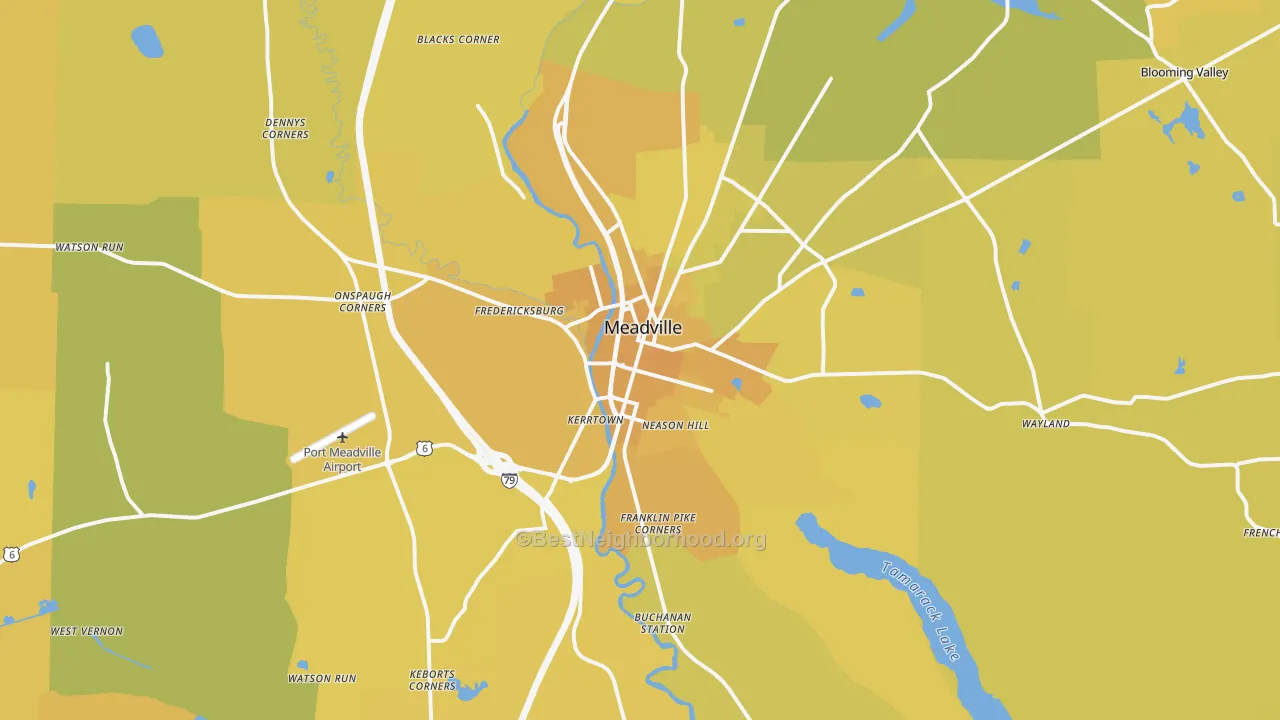 Map of the best neighborhoods in the 16335 area, with better matches in green and worse matches in red