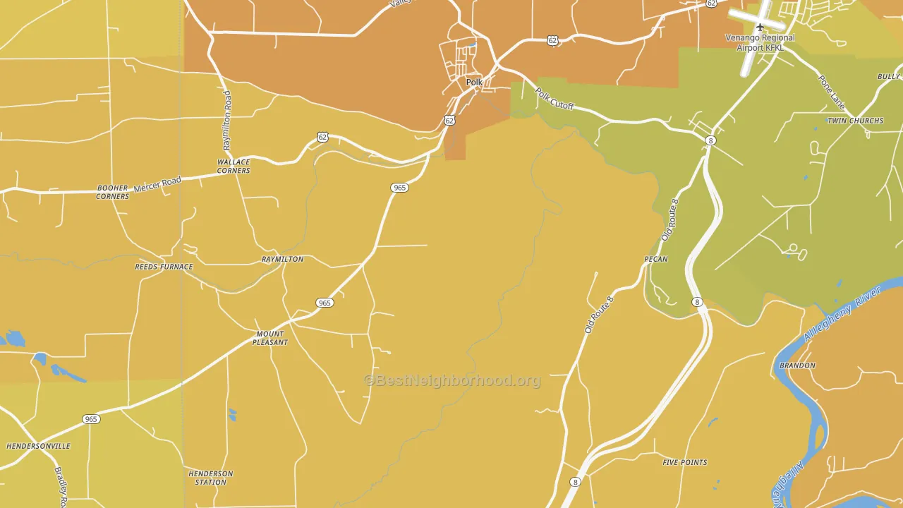 Map of the best neighborhoods in the 16342 area, with better matches in green and worse matches in red
