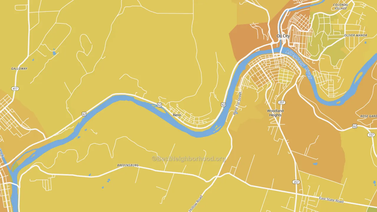 Map of the best neighborhoods in the 16343 area, with better matches in green and worse matches in red