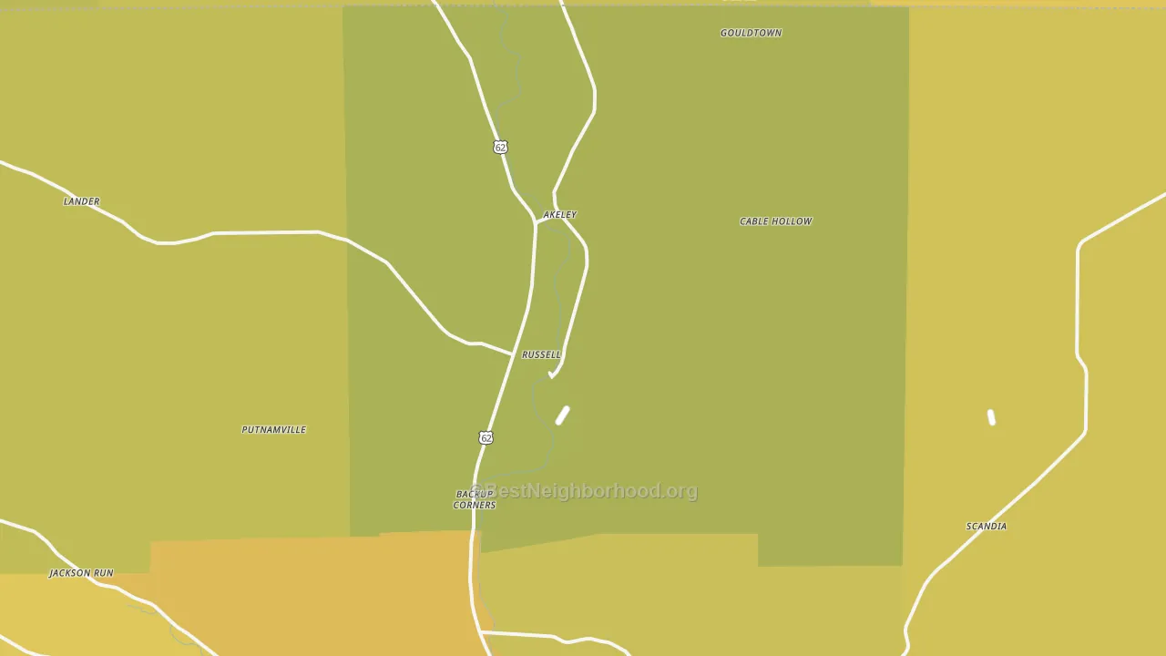 Map of the best neighborhoods in the 16345 area, with better matches in green and worse matches in red