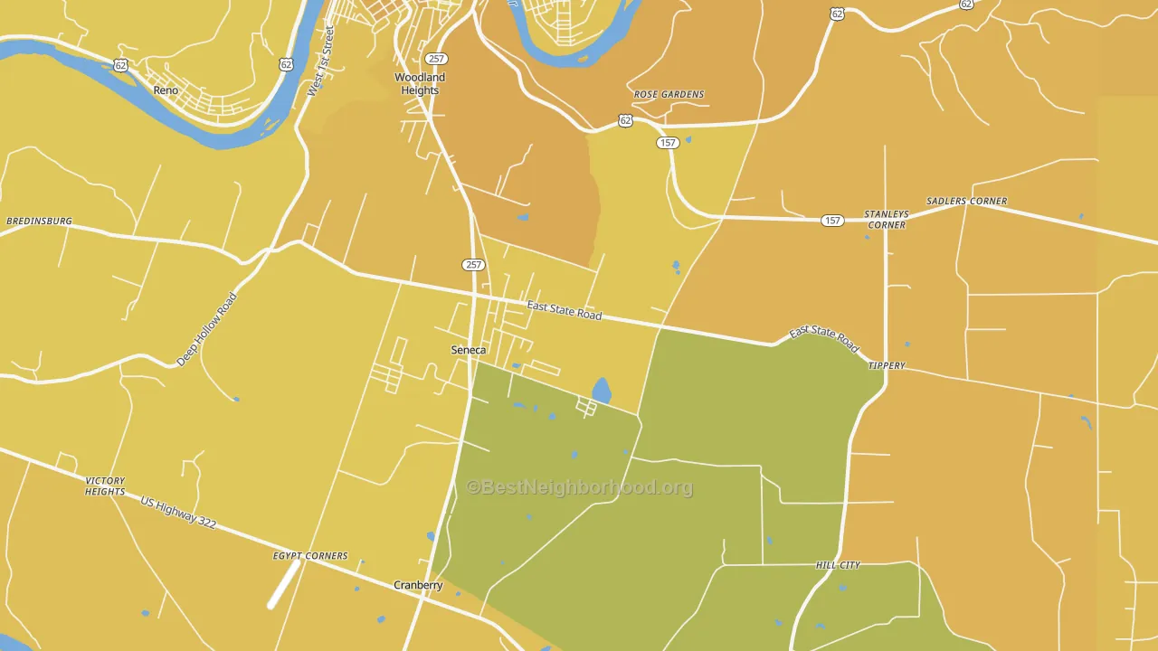 Map of the best neighborhoods in the 16346 area, with better matches in green and worse matches in red