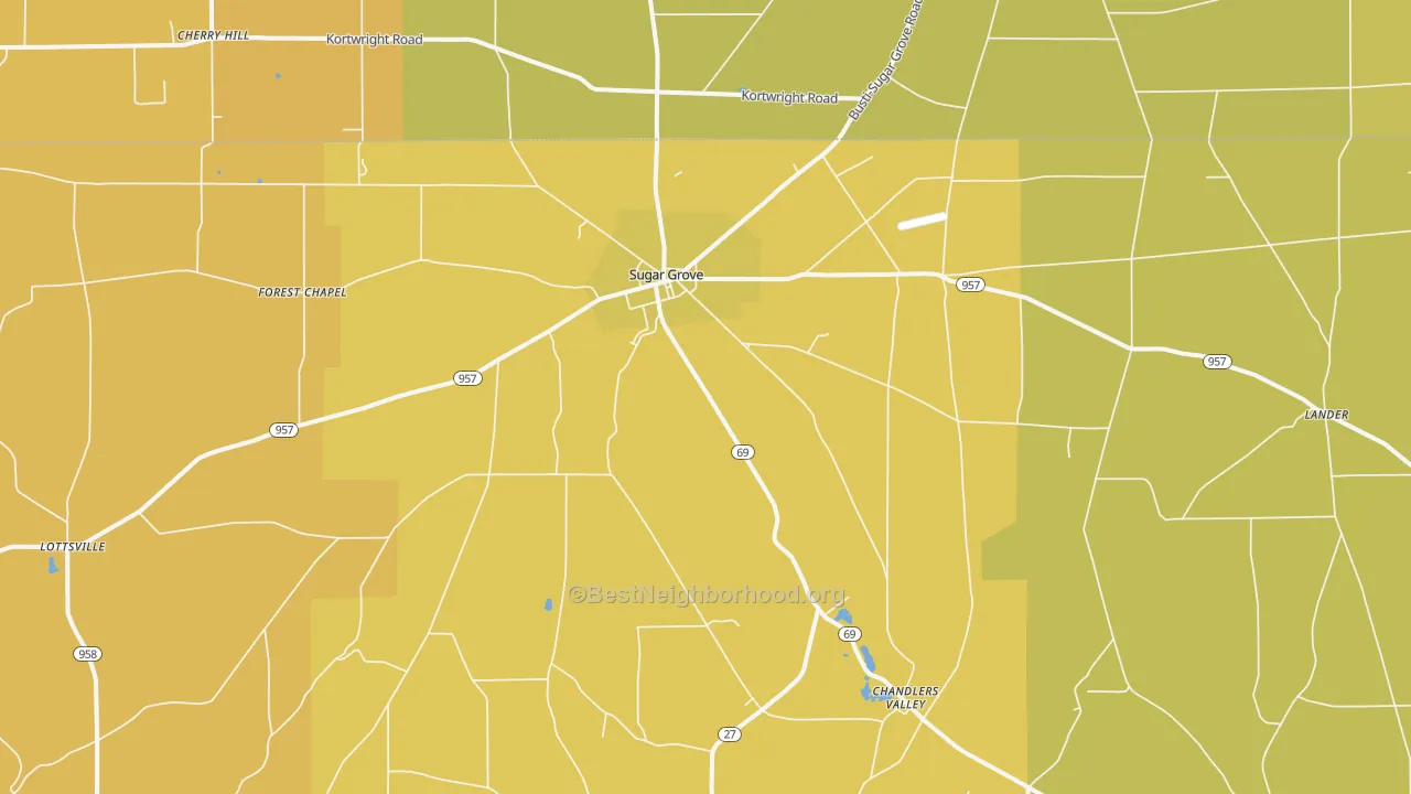 Map of the best neighborhoods in the 16350 area, with better matches in green and worse matches in red