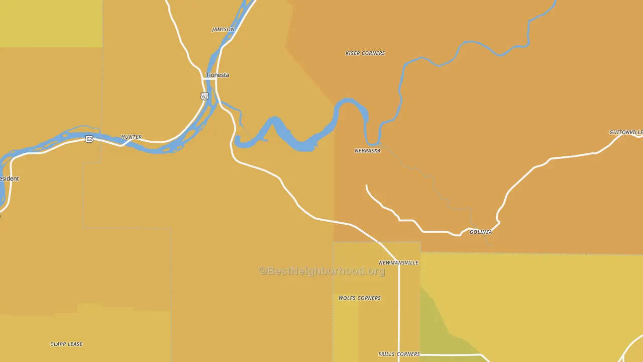 Map of the best neighborhoods in the 16353 area, with better matches in green and worse matches in red