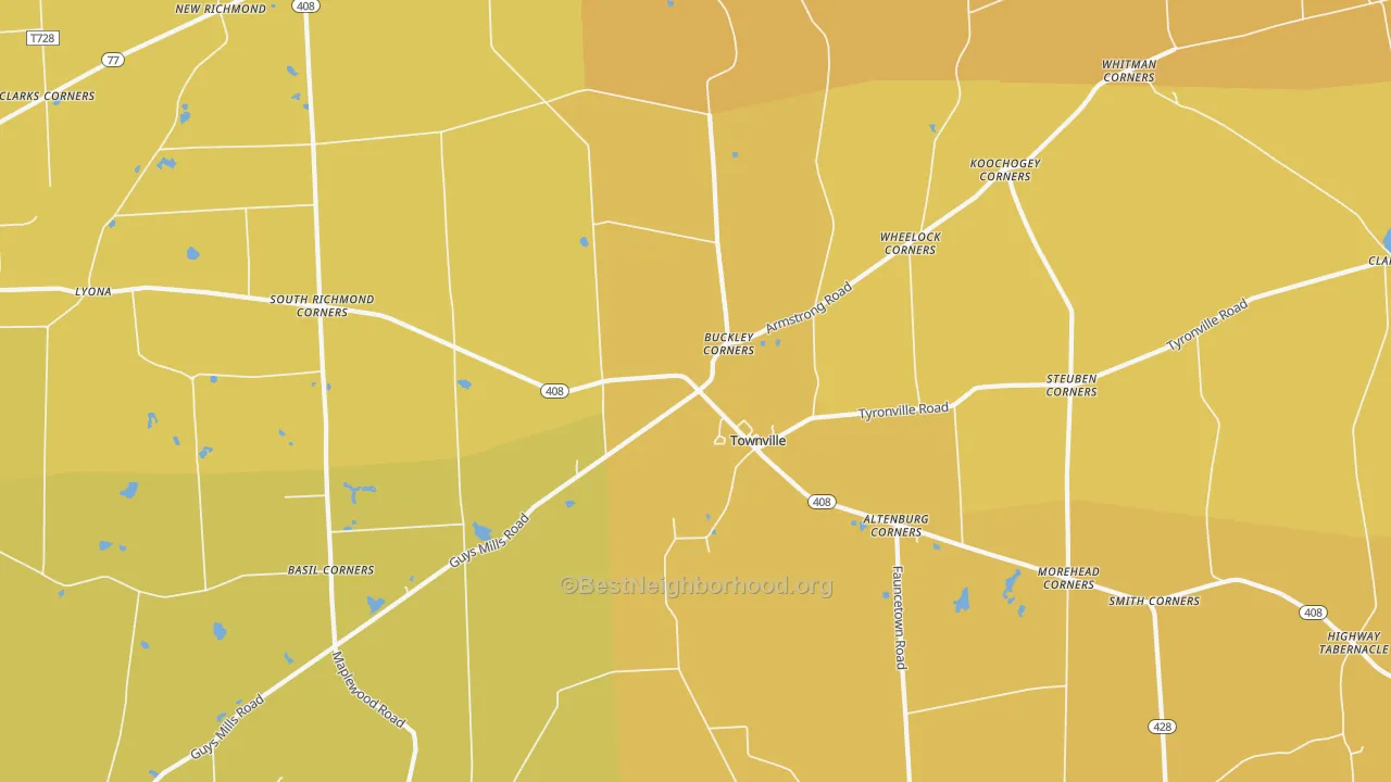 Map of the best neighborhoods in the 16360 area, with better matches in green and worse matches in red