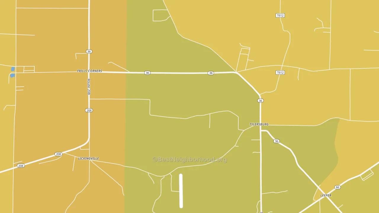 Map of the best neighborhoods in the 16361 area, with better matches in green and worse matches in red