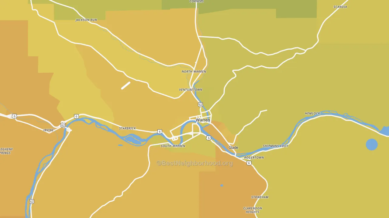 Map of the best neighborhoods in the 16365 area, with better matches in green and worse matches in red