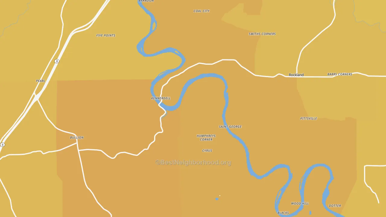 Map of the best neighborhoods in the 16374 area, with better matches in green and worse matches in red