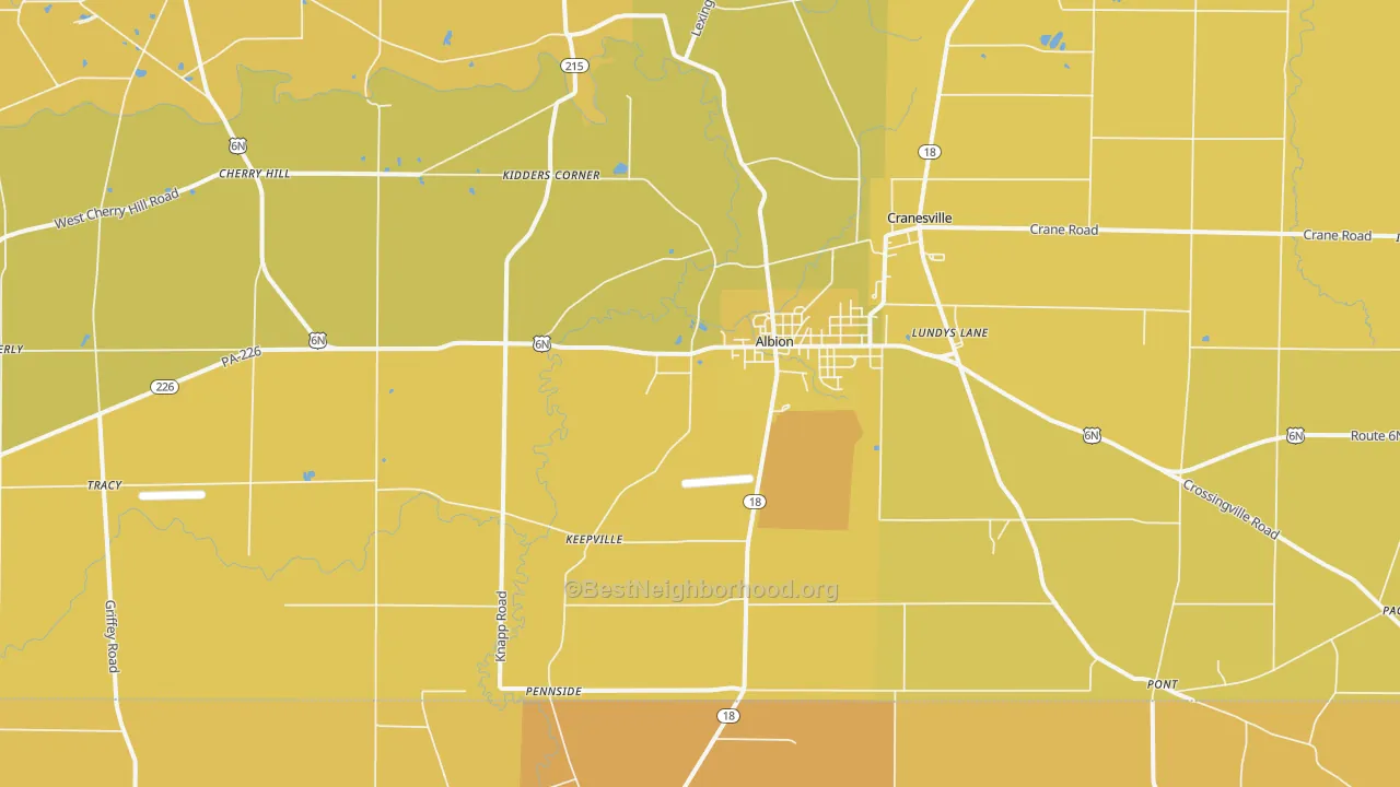 Map of the best neighborhoods in the 16401 area, with better matches in green and worse matches in red