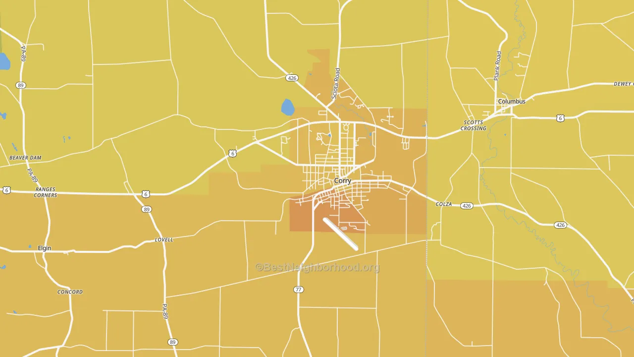 Map of the best neighborhoods in the 16407 area, with better matches in green and worse matches in red